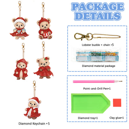 5PCS Double Sided Special Shape Diamond Painting Keychain (Little Bear in Red)