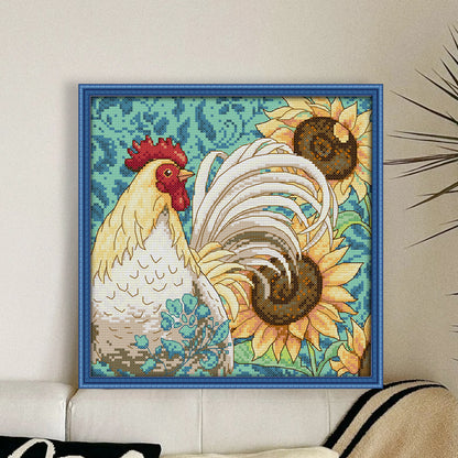 Sunflowers And Rooster - 14CT Stamped Cross Stitch 27*27CM(Joy Sunday)