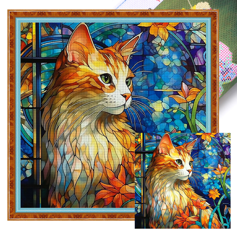 Glass Painting-Cat - 11CT Stamped Cross Stitch 50*50CM