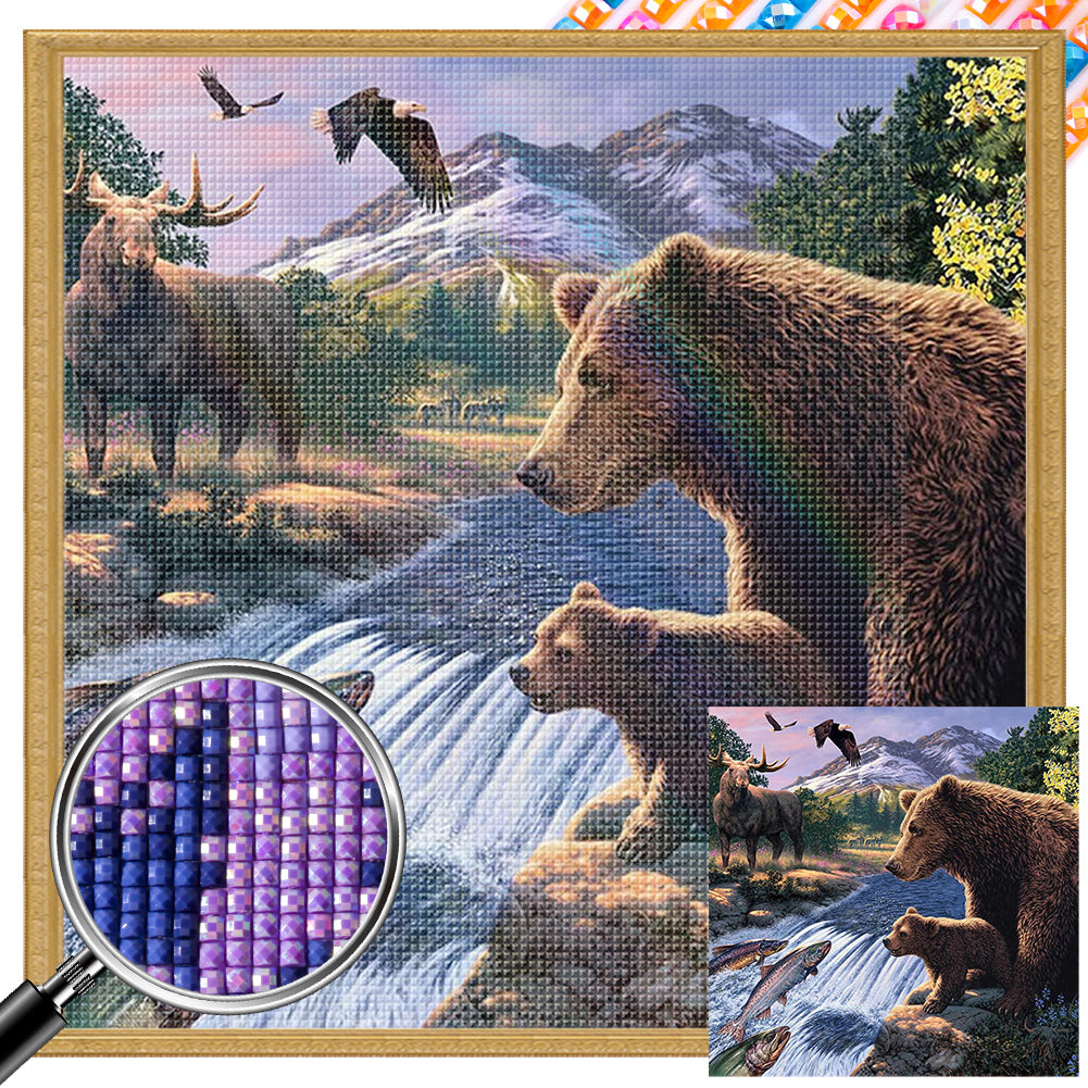 Forest With River Grizzly Bear And Fish - Full Square Drill Diamond Painting 40*40CM