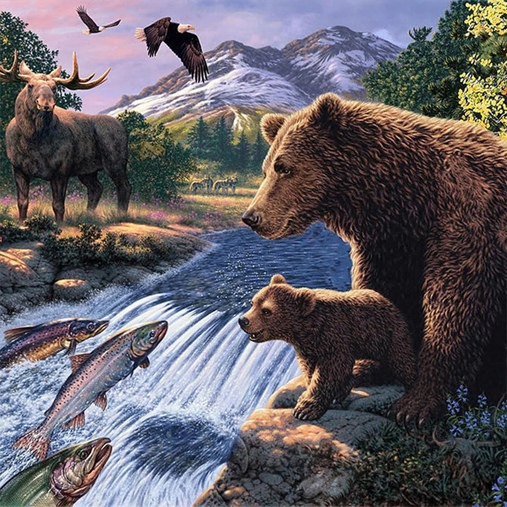 Forest With River Grizzly Bear And Fish - Full Square Drill Diamond Painting 40*40CM