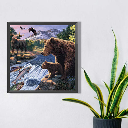 Forest With River Grizzly Bear And Fish - Full Square Drill Diamond Painting 40*40CM