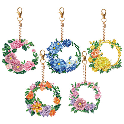 5PCS Full Drill Keyring Wreath Double Sided Rhinestone Painting Keychain Pendant