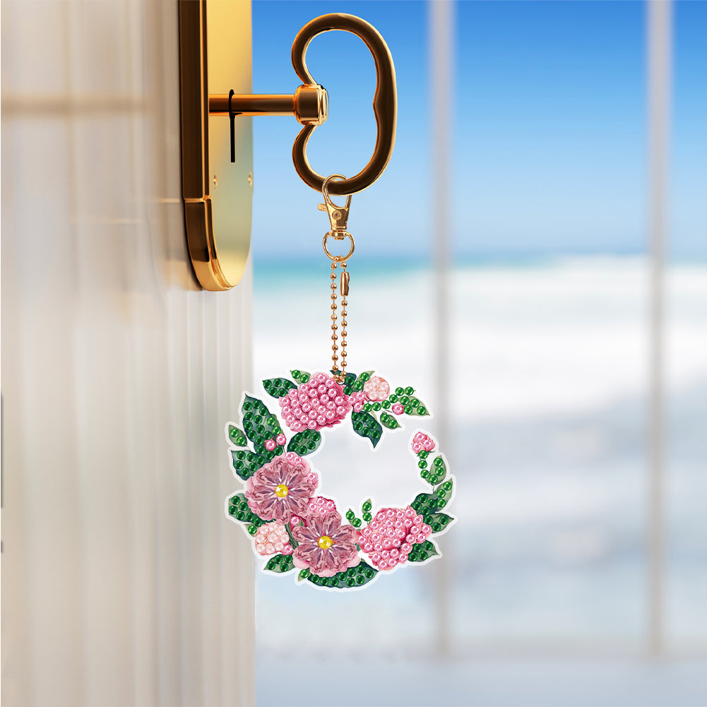 5PCS Full Drill Keyring Wreath Double Sided Rhinestone Painting Keychain Pendant