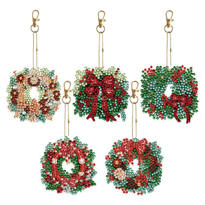 5PCS Double Sided Special Shape Diamond Painting Keychain (Christmas Wreath)