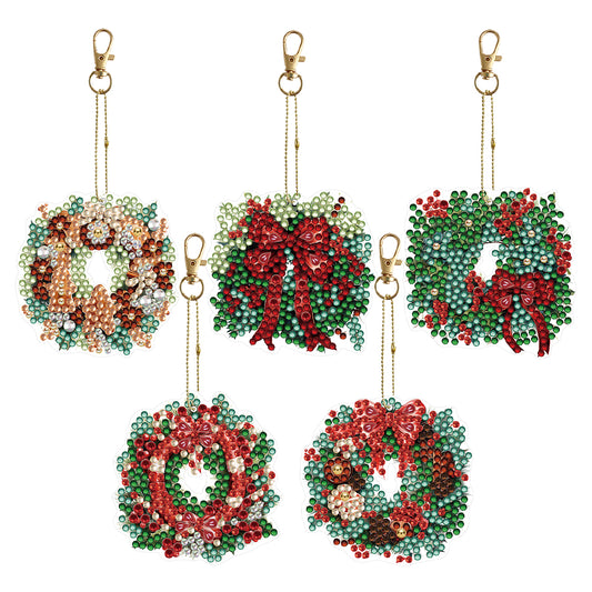 5PCS Double Sided Special Shape Diamond Painting Keychain (Christmas Wreath)