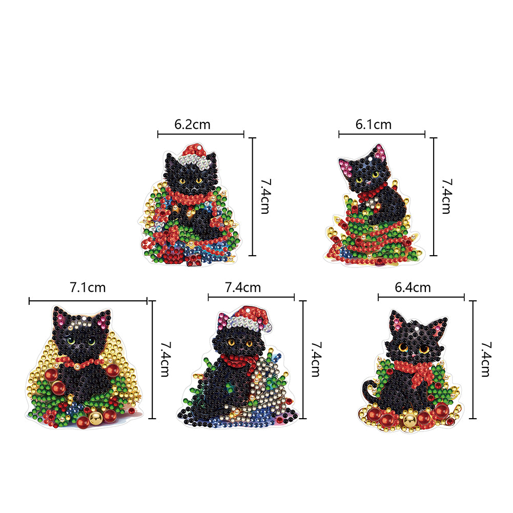 5PCS Double Sided Special Shape Diamond Painting Keychain (Christmas Black Cat)