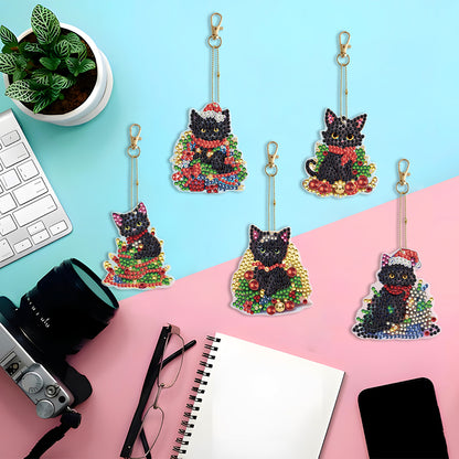 5PCS Double Sided Special Shape Diamond Painting Keychain (Christmas Black Cat)