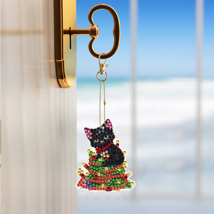 5PCS Double Sided Special Shape Diamond Painting Keychain (Christmas Black Cat)