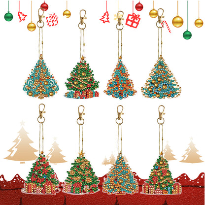 8PCS Double Sided Full Drill Keyring Special Shape Diamond Art Keyring Xmas Tree