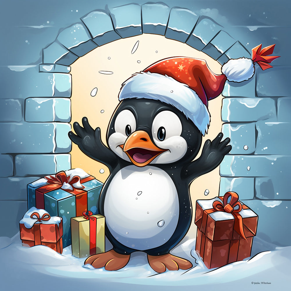 Penguin Giving Gift - Full Round Drill Diamond Painting 30*30CM