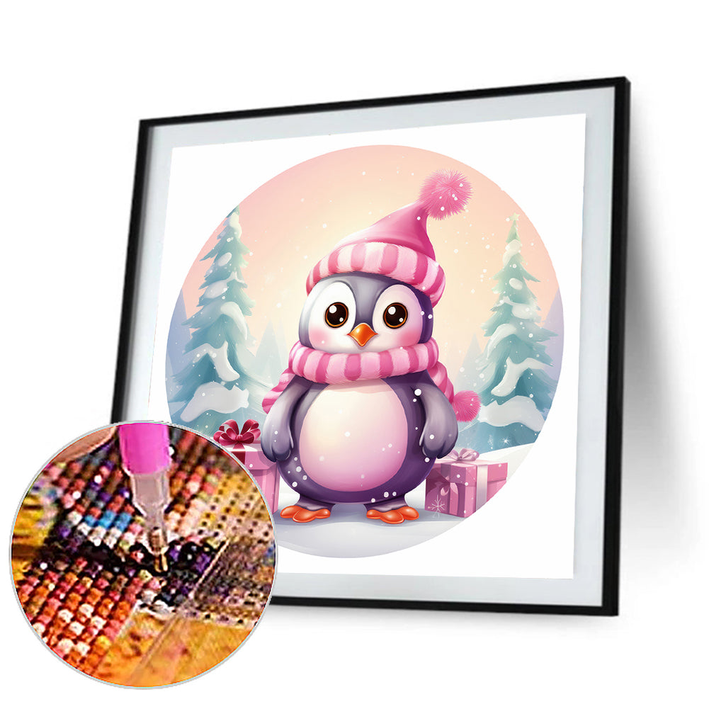 Pink Little Penguin In The Snow - Full Round Drill Diamond Painting 30*30CM