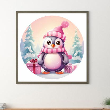 Pink Little Penguin In The Snow - Full Round Drill Diamond Painting 30*30CM