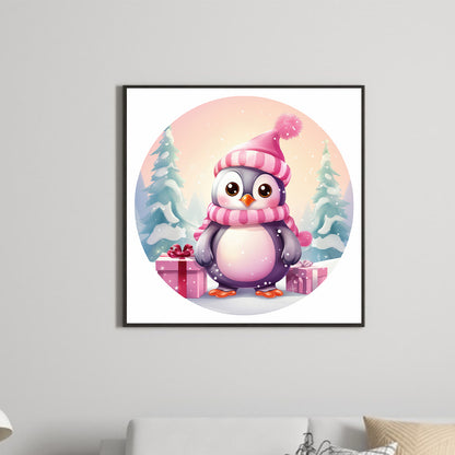 Pink Little Penguin In The Snow - Full Round Drill Diamond Painting 30*30CM