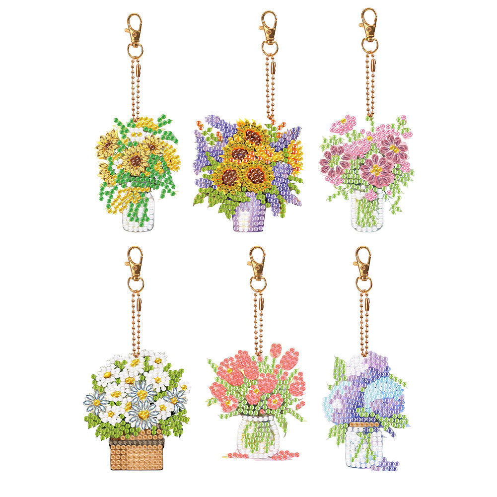 6PCS Double Sided Special Shape Diamond Painting Art Keychain Pendant Flower Pot