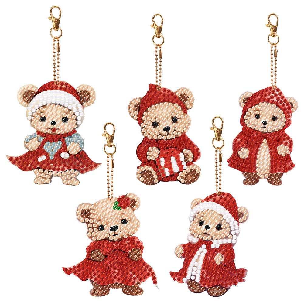 5PCS Double Sided Special Shape Diamond Painting Keychain (Little Bear in Red)