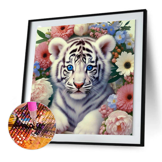 White Tiger And Flower - Full Round Drill Diamond Painting 30*30CM