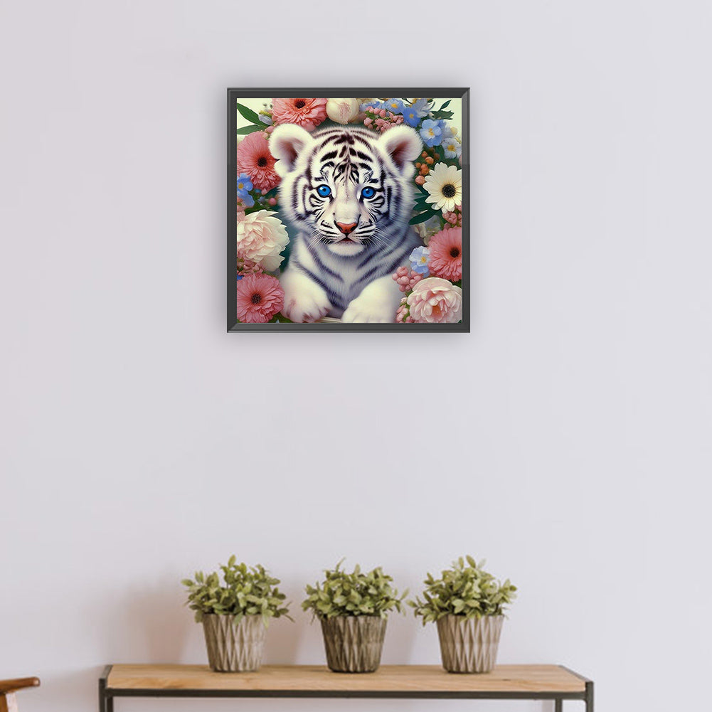 White Tiger And Flower - Full Round Drill Diamond Painting 30*30CM