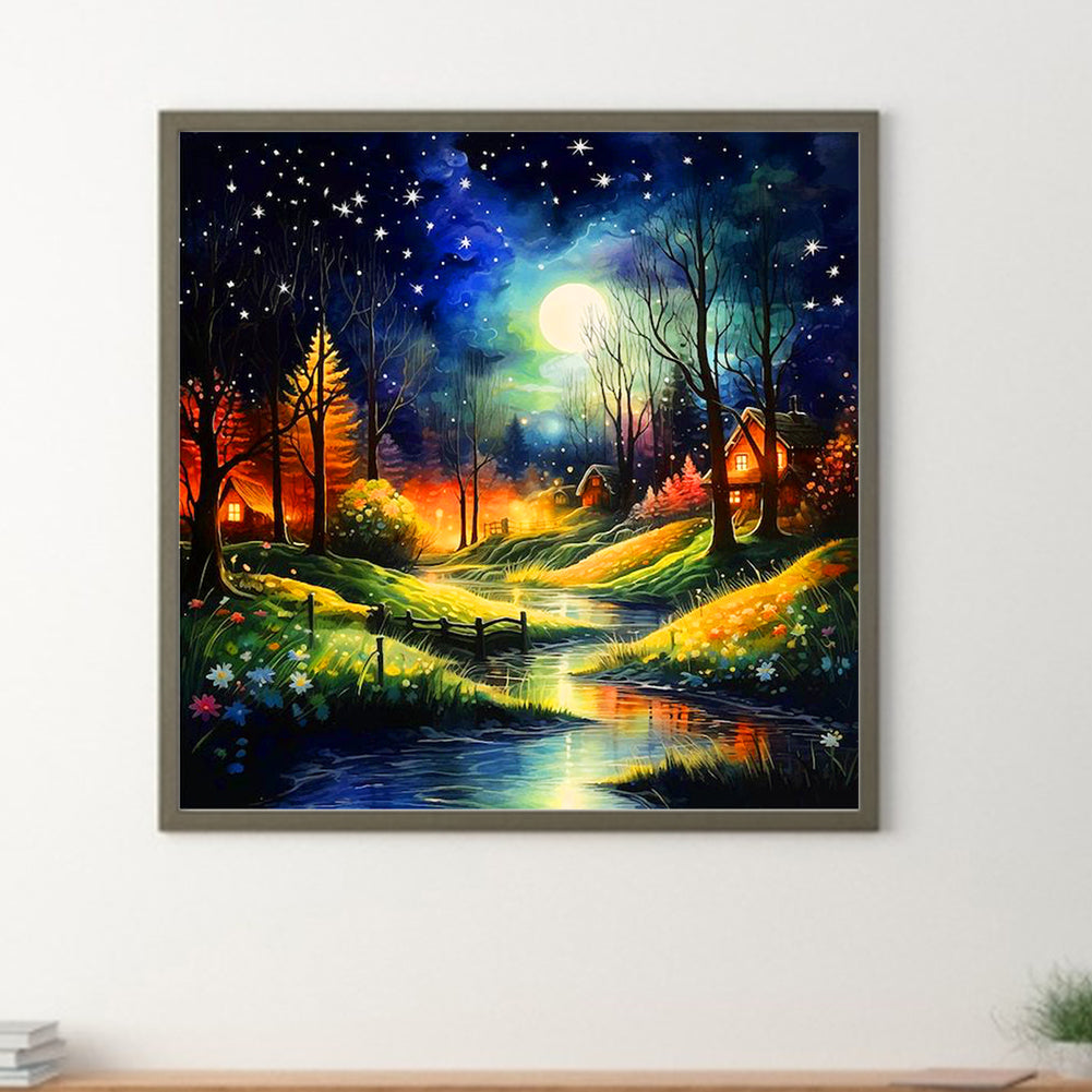 Night View Of Village Creek - Full Round Drill Diamond Painting 40*40CM