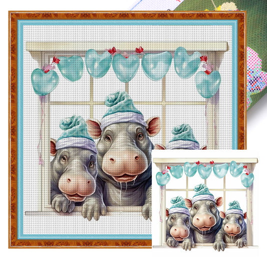 Three Hippos On The Windowsill - 18CT Stamped Cross Stitch 30*30CM