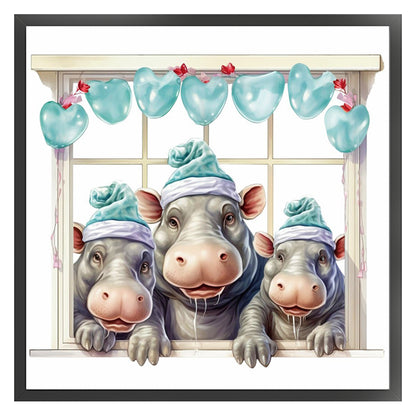 Three Hippos On The Windowsill - 18CT Stamped Cross Stitch 30*30CM