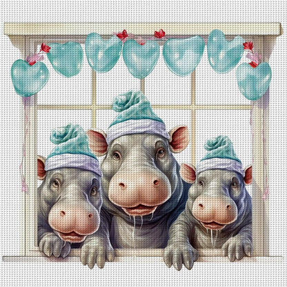 Three Hippos On The Windowsill - 18CT Stamped Cross Stitch 30*30CM