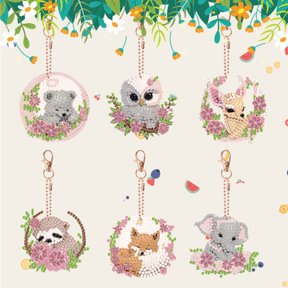 6PCS Double Sided Full Drill Keyring Diamond Painting Keychain (Small Animal #1)