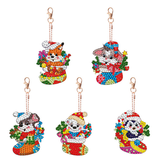 5PCS Double Sided Diamond Painting Keychain (Xmas Stocking Critter #2)