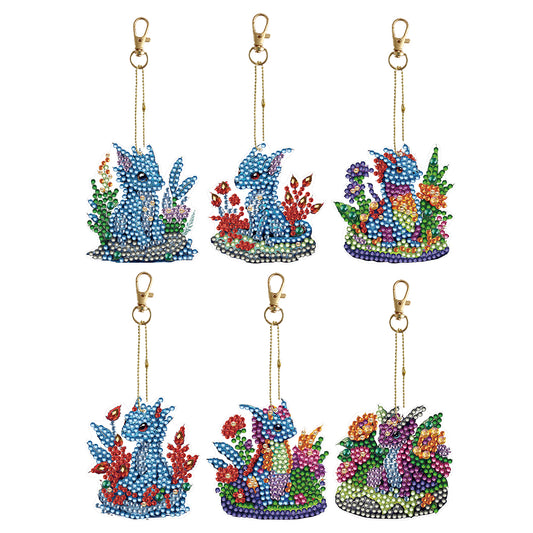 6PCS Double Sided Special Shape Diamond Painting Keychain (Flowers Dinosaur)