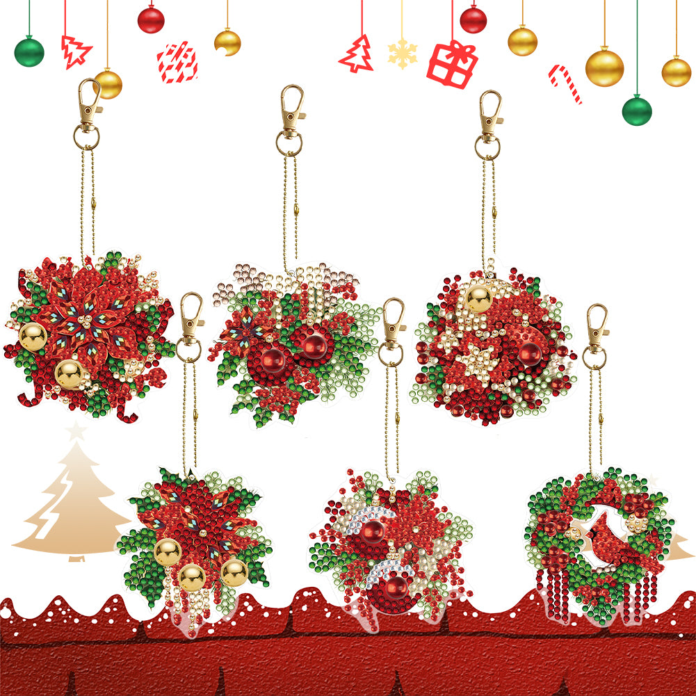 6PCS Double Sided Special Shape Diamond Painting Keychain (Christmas Wreath)