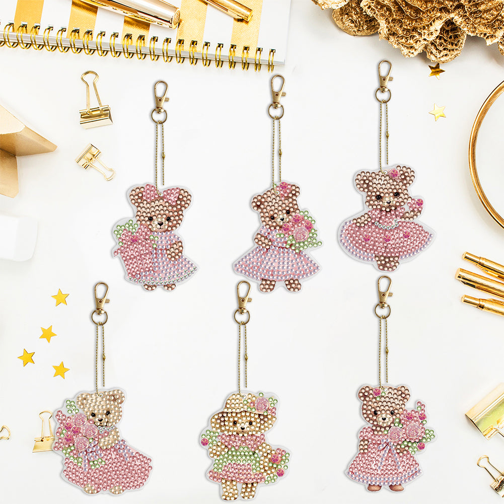 6PCS Double Sided Special Shape Diamond Painting Keychain (Cute Bear #10)