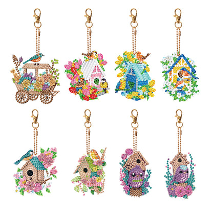 8PCS Double Sided Diamond Art Keyring Birds Birdhouses Diamond Painting Keychain