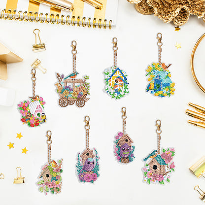 8PCS Double Sided Diamond Art Keyring Birds Birdhouses Diamond Painting Keychain