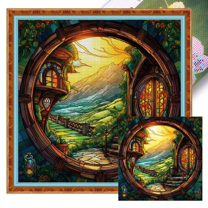 Glass Painting-The Hobbit Hut - 14CT Stamped Cross Stitch 40*40CM(Joy Sunday)