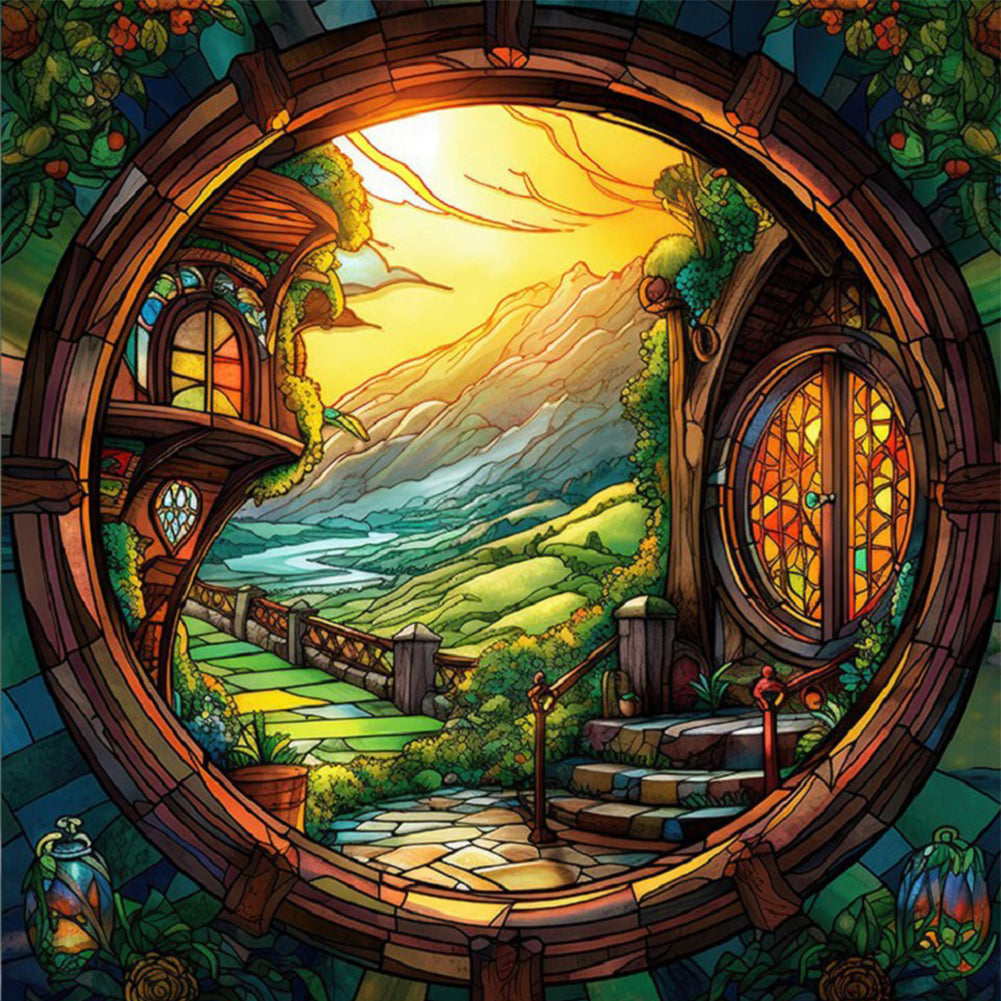 Glass Painting-The Hobbit Hut - 14CT Stamped Cross Stitch 40*40CM(Joy Sunday)