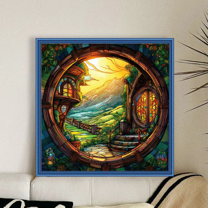 Glass Painting-The Hobbit Hut - 14CT Stamped Cross Stitch 40*40CM(Joy Sunday)