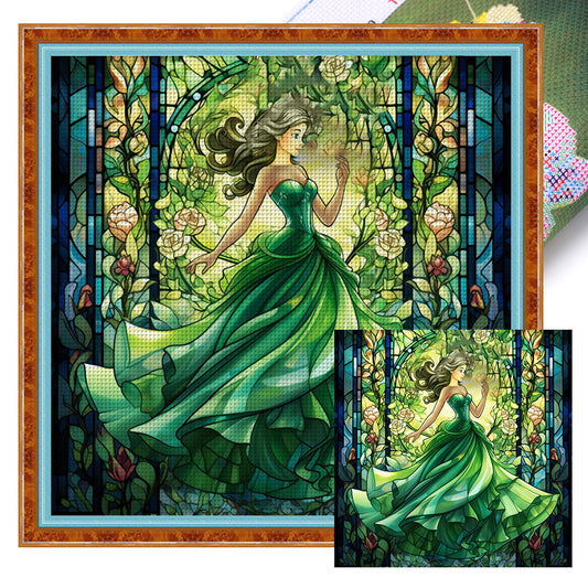 Glass Painting-Princess In Green Dress - 14CT Stamped Cross Stitch 50*50CM