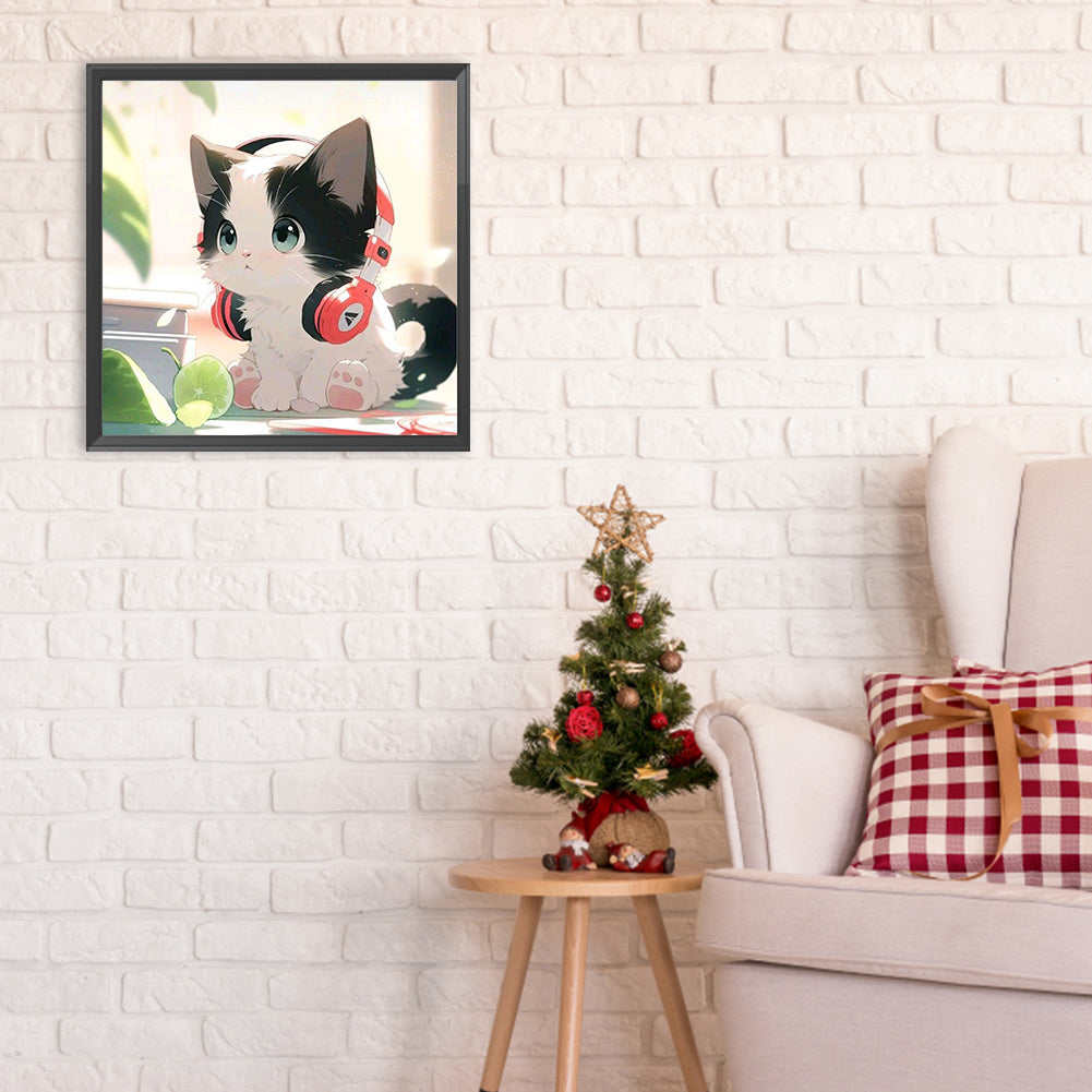 Cat With Headphones - Full Round Drill Diamond Painting 30*30CM