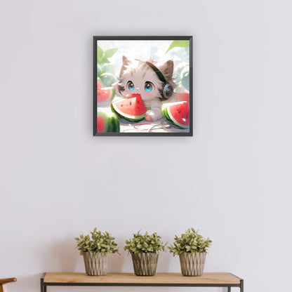 Cat Eating Watermelon - Full Round Drill Diamond Painting 30*30CM