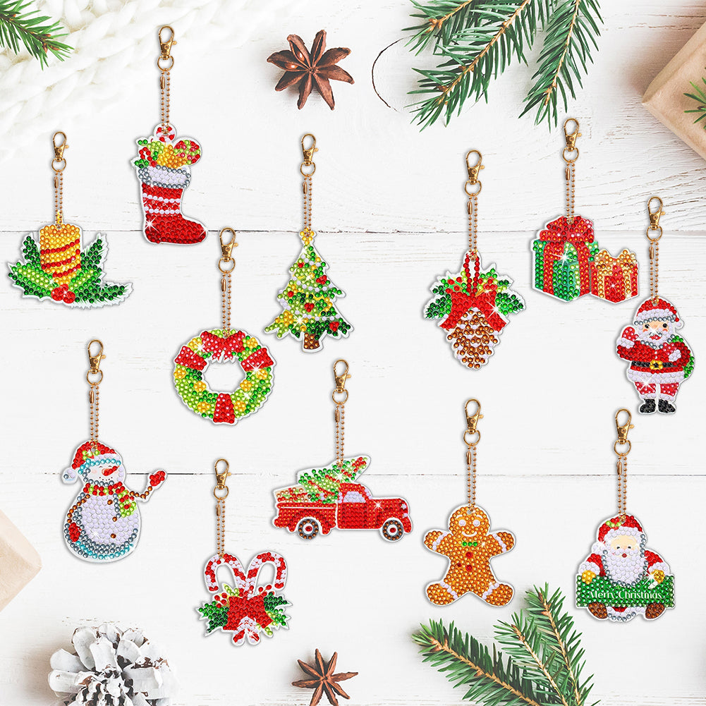 12PCS Christmas Santa Full Drill Keyring for Christmas Home Party Decor (#160)