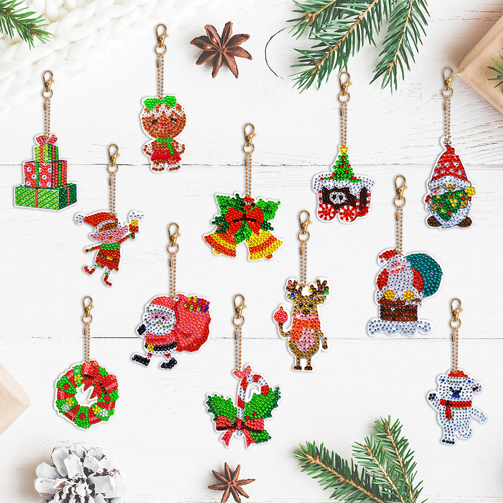 12PCS Christmas Santa Full Drill Keyring for Christmas Home Party Decor (#162)