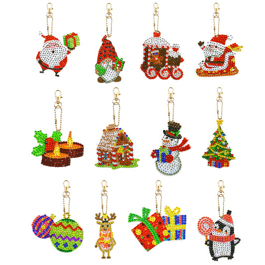 12PCS Christmas Santa Full Drill Keyring for Christmas Home Party Decor (#163)