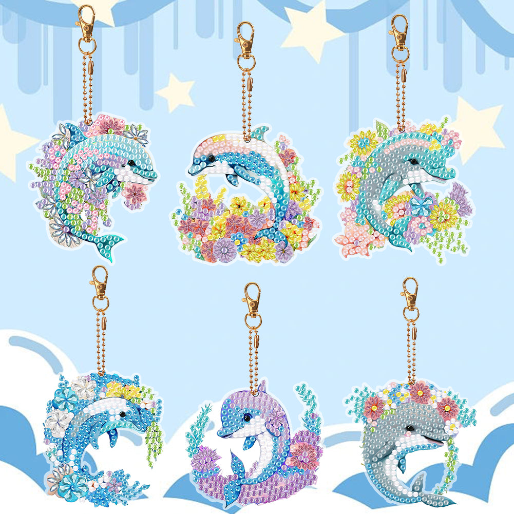 6PCS Double Sided Full Drill Keyring Dolphin Special Shape Diamond Art Keyring