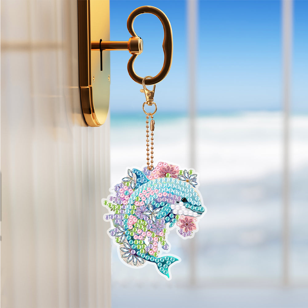 6PCS Double Sided Full Drill Keyring Dolphin Special Shape Diamond Art Keyring