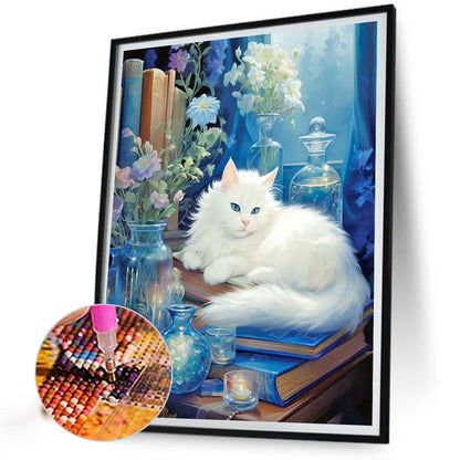 Lazy White Cat - Full Round Drill Diamond Painting 40*50CM