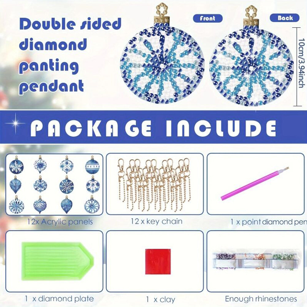 12PCS Diamond Art Keyring Snowflakes Double Sided Diamond Painting Keychain (#1)