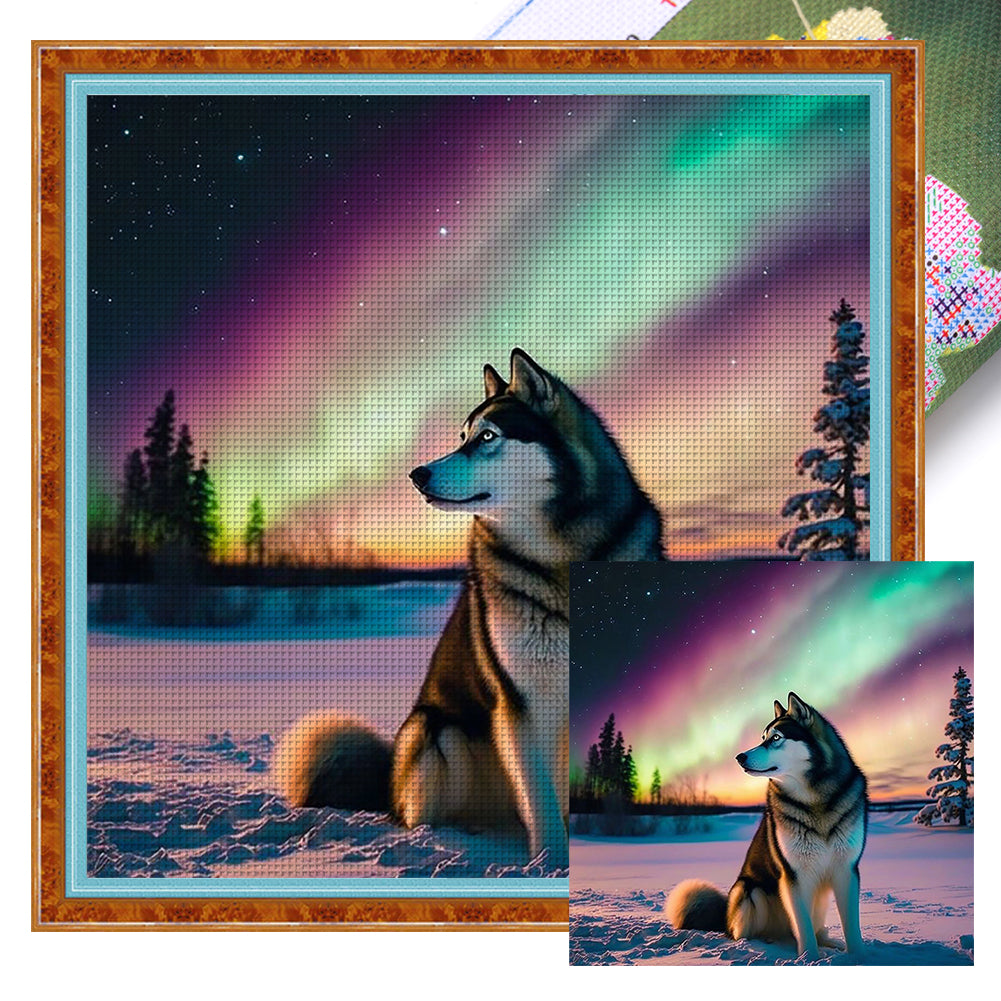 Wolf Under The Aurora - 11CT Stamped Cross Stitch 40*40CM