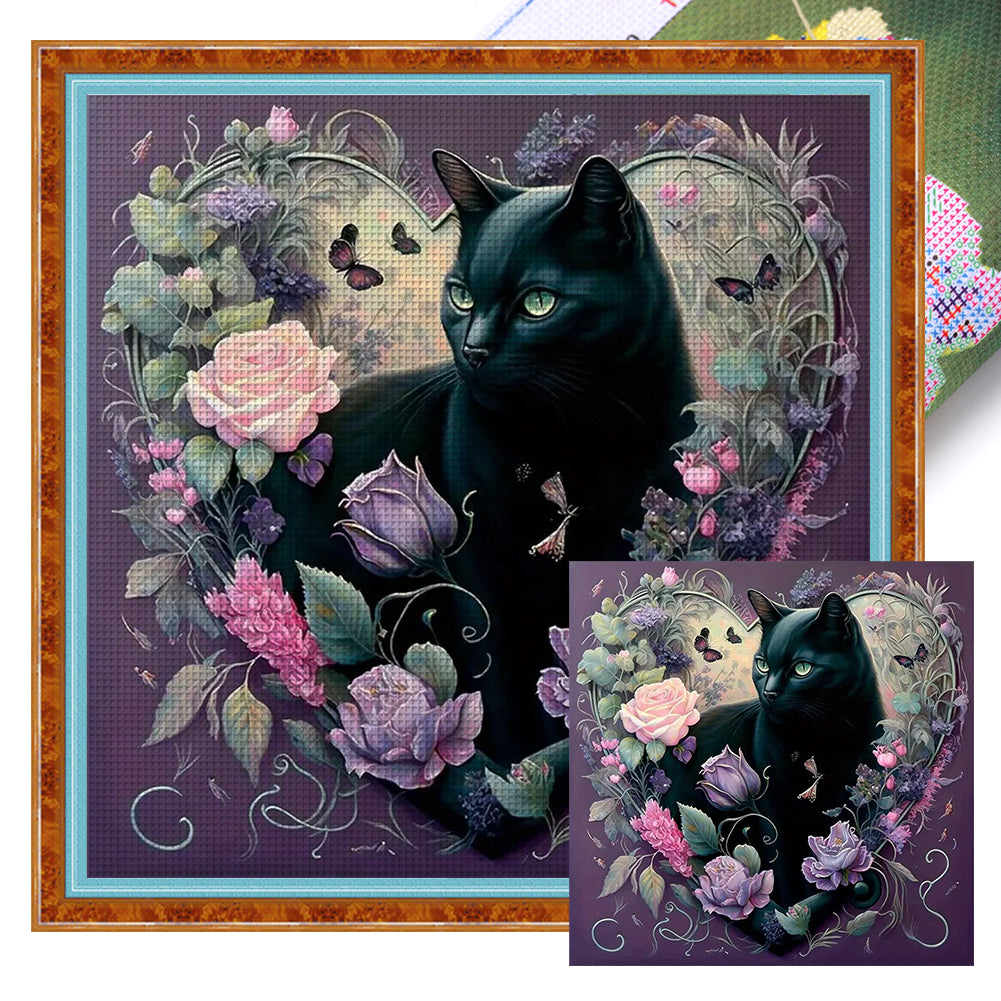 Flowers And Black Cat - 11CT Stamped Cross Stitch 40*40CM