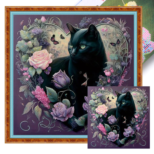 Flowers And Black Cat - 11CT Stamped Cross Stitch 40*40CM