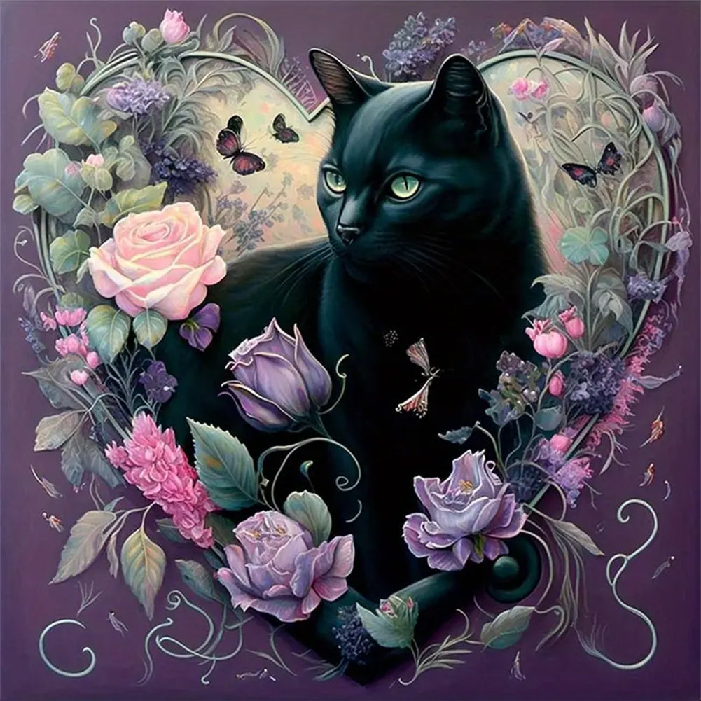 Flowers And Black Cat - 11CT Stamped Cross Stitch 40*40CM